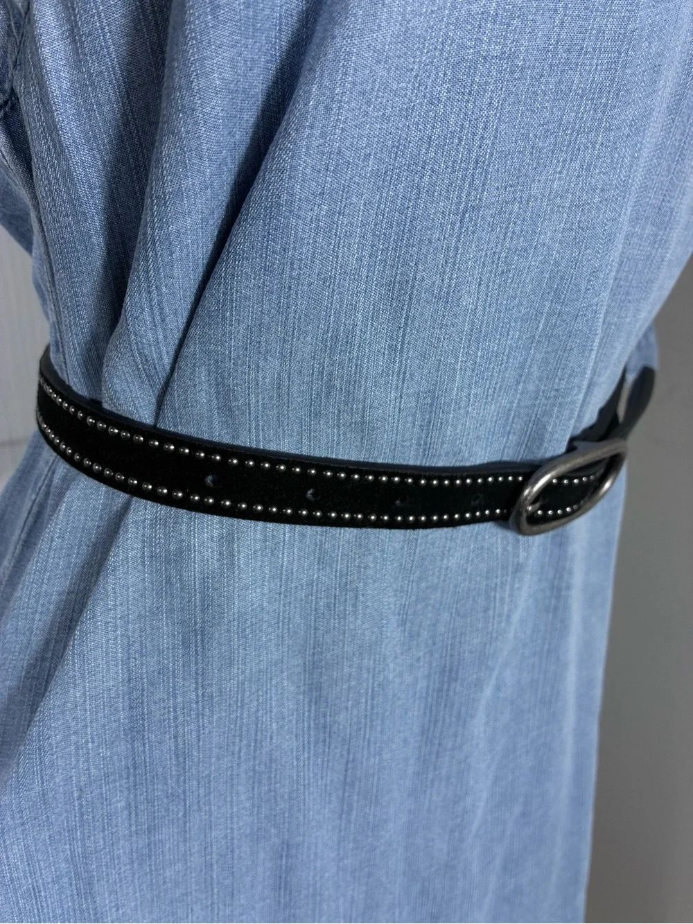 Womens belt 38” long Black Studded Suede Belt with Antique Silver Oval Buckle